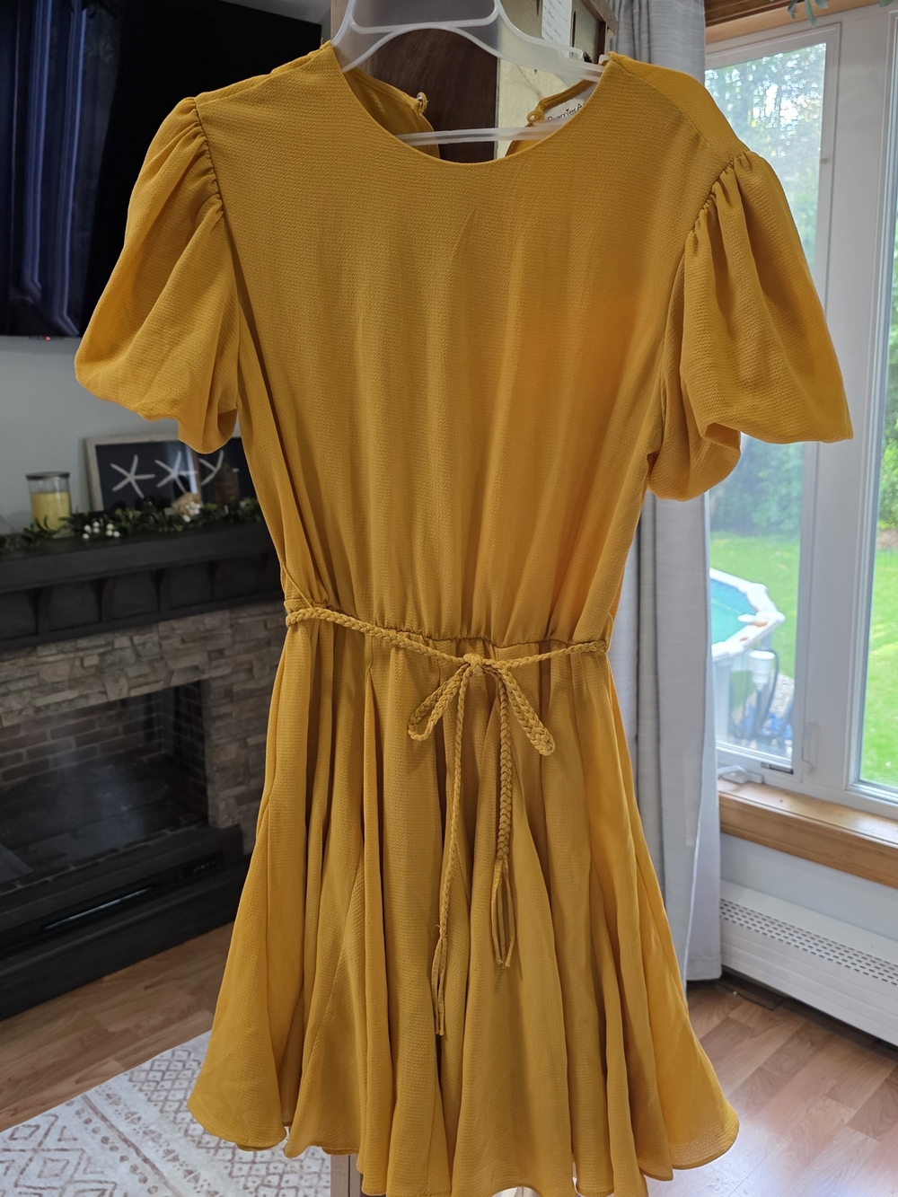 Premier Mustard Tie-Waist Puff Sleeve Mini Dress